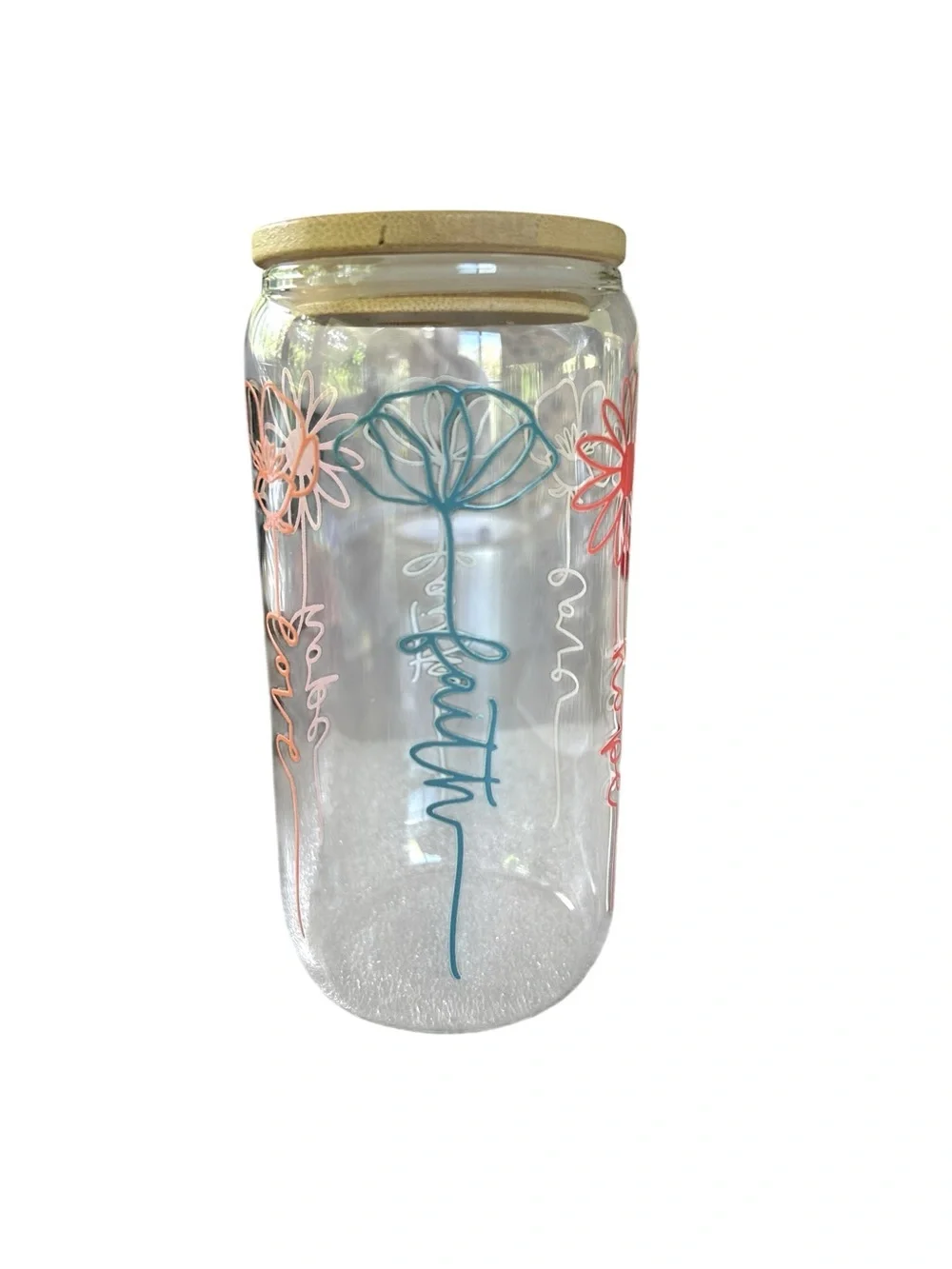 Glass Vase with Teal, Coral, and White Floral Design and Bamboo Lid
